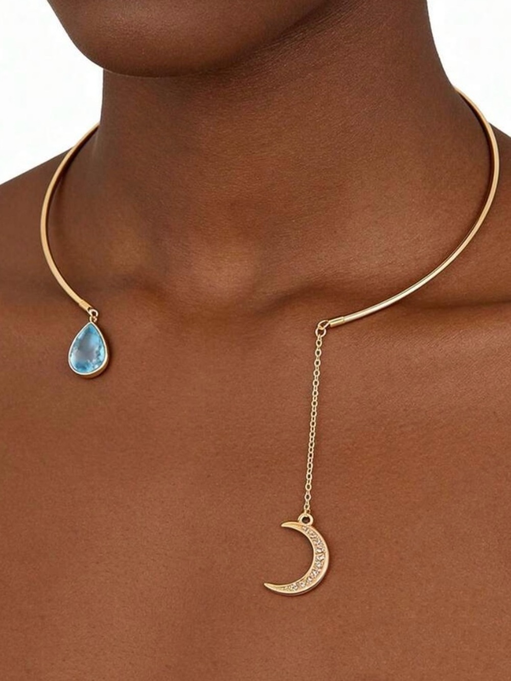 ✨3for$38 New Golden Boho Open Collar Rhinestone Moon Blue Jewel Necklace - Picture 5 of 15